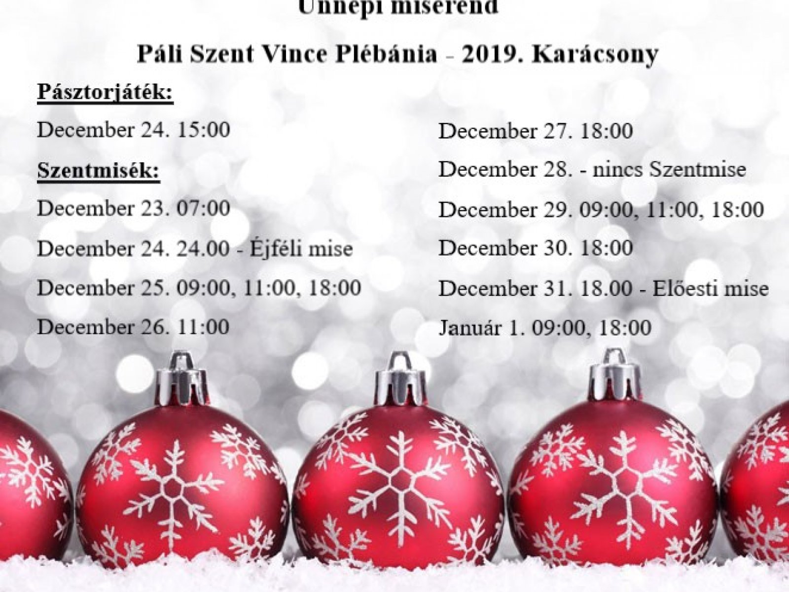 Karácsonyi ünnepi miserend 2019